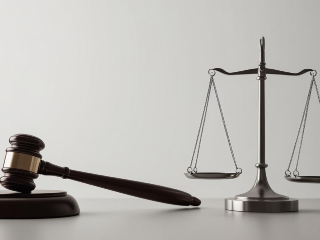 Modern minimalist photo with some law details such as a hammer from the court room and a scales. (1)