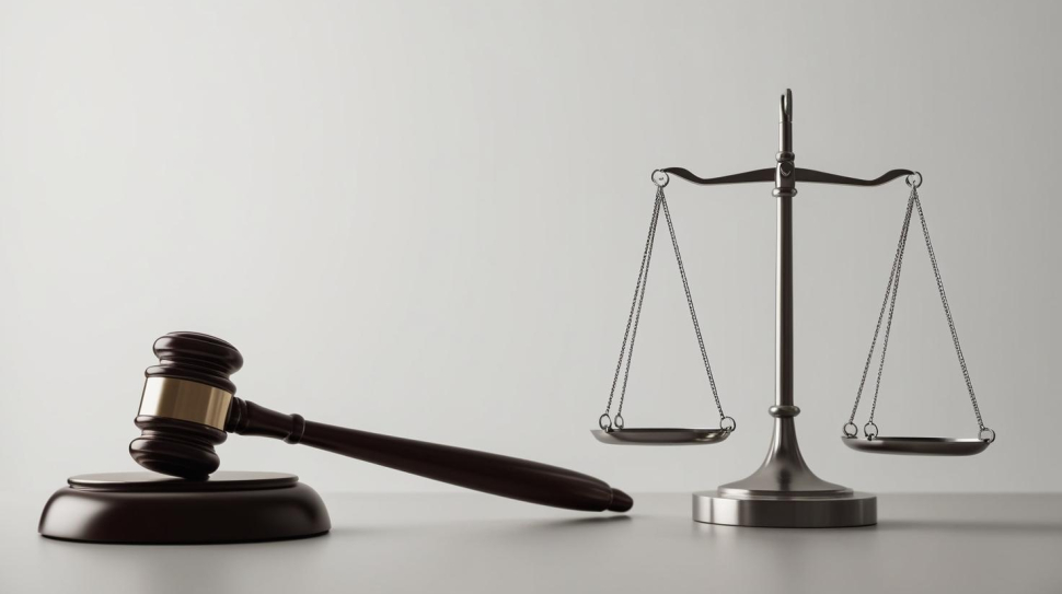 Modern minimalist photo with some law details such as a hammer from the court room and a scales. (1)