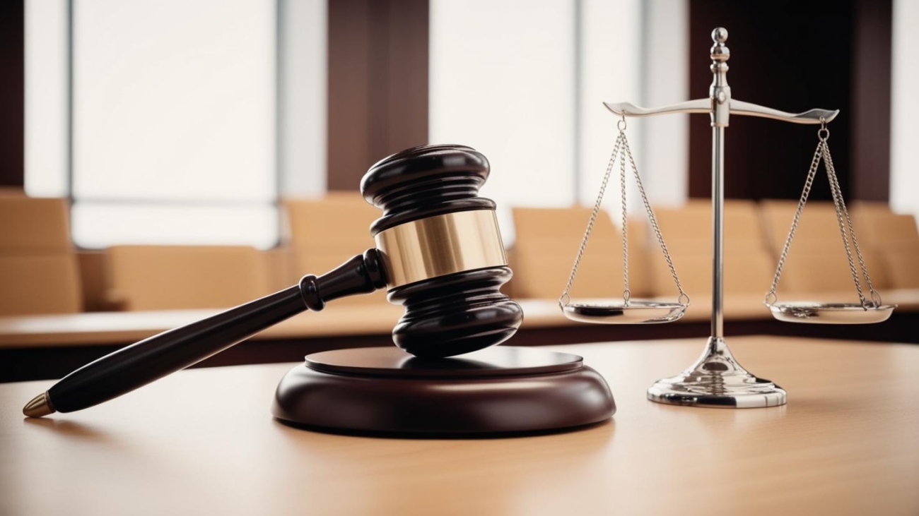 Modern photo with some law details such as a hammer from the court room and a scales. (1)